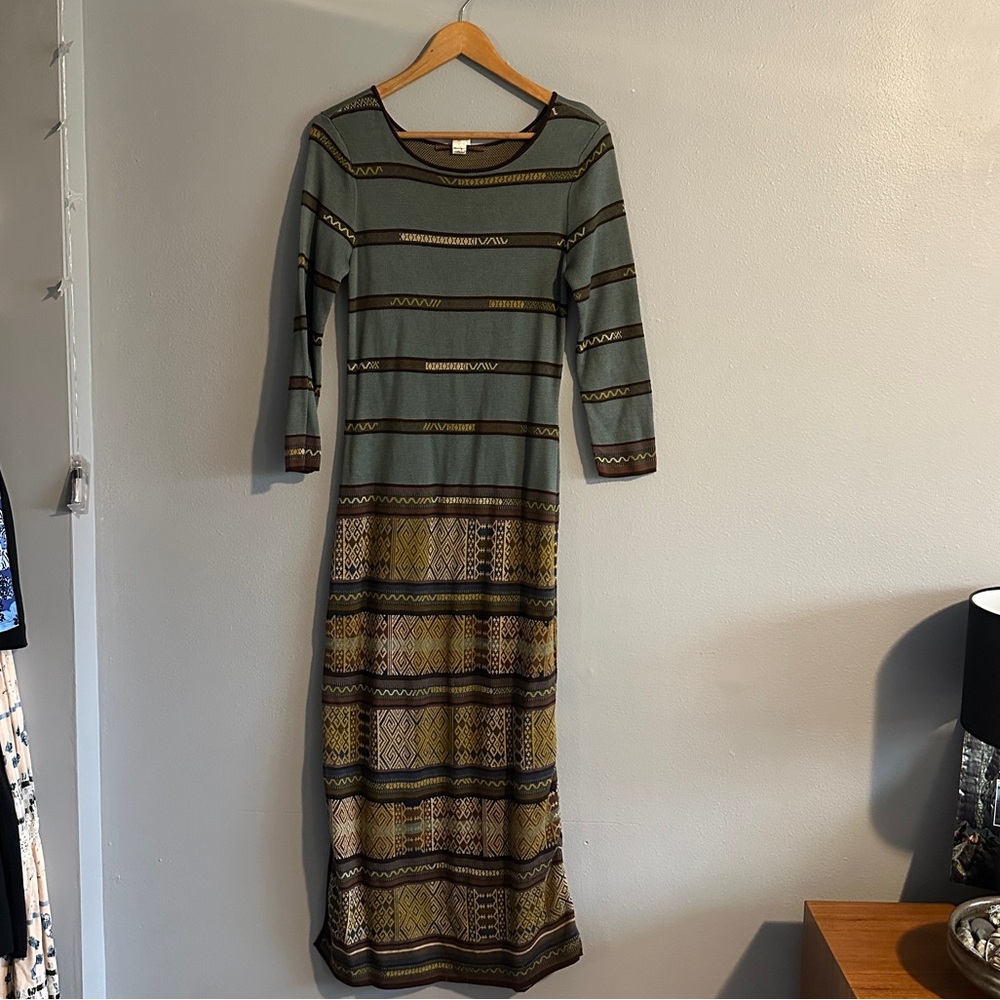 Peruvian Connection Green and Brown Patterned Long Sleeve Dress